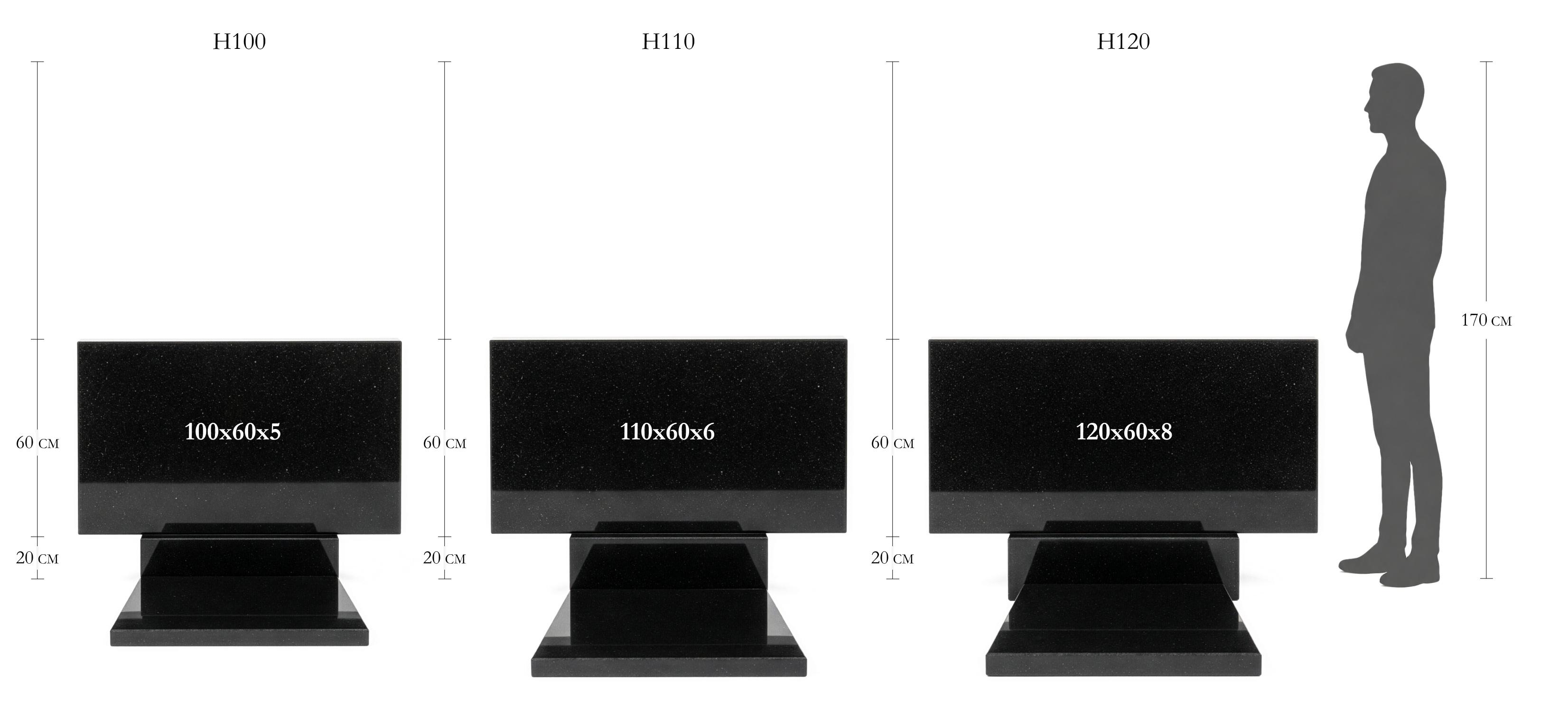 Розмір пам'ятника HP100 100×60×5 см у ряду HP100–HP120 порівняно з людиною зростом 170 см