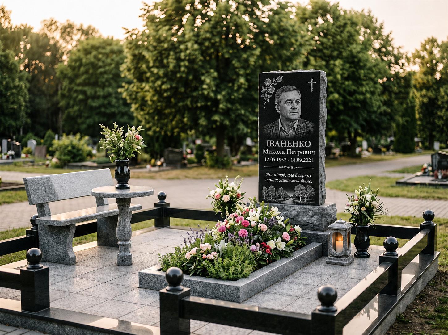 Меморіальний комплекс із граніту: стела з різьбою, огорожа з кулями, плитка, лавка зі столиком, ваза та лампада