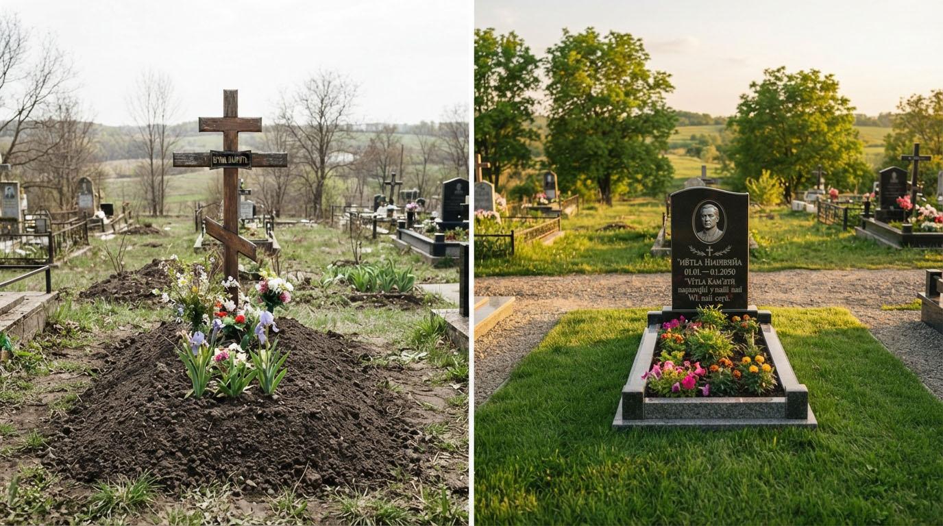 Порівняння: свіжа могила з тимчасовим дерев'яним хрестом і та сама ділянка через рік зі встановленим гранітним пам'ятником