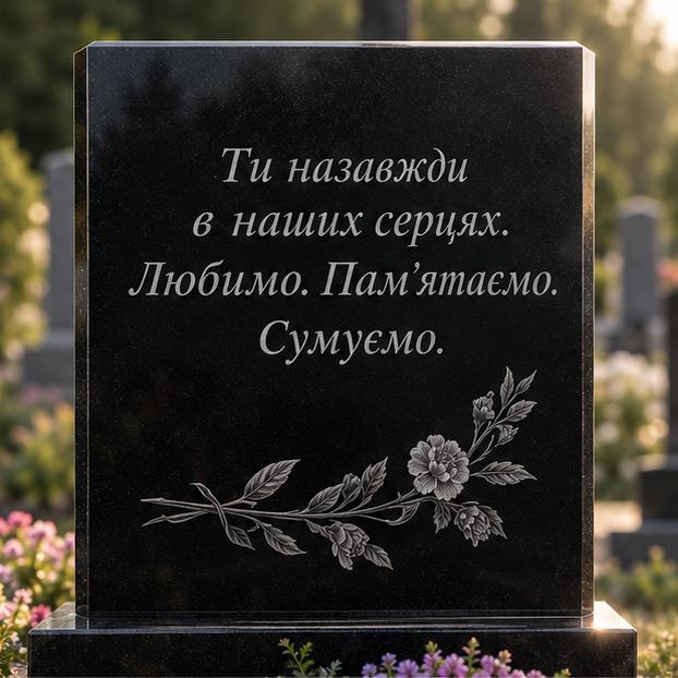 Гравійована епітафія з квітами на гранітній стелі